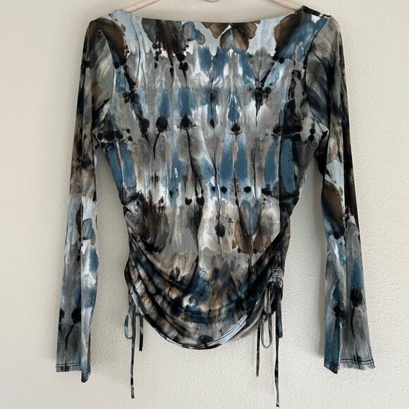 New Ariella long sleeve square neck ruched sides abstract boho grunge stretch S - Picture 8 of 12